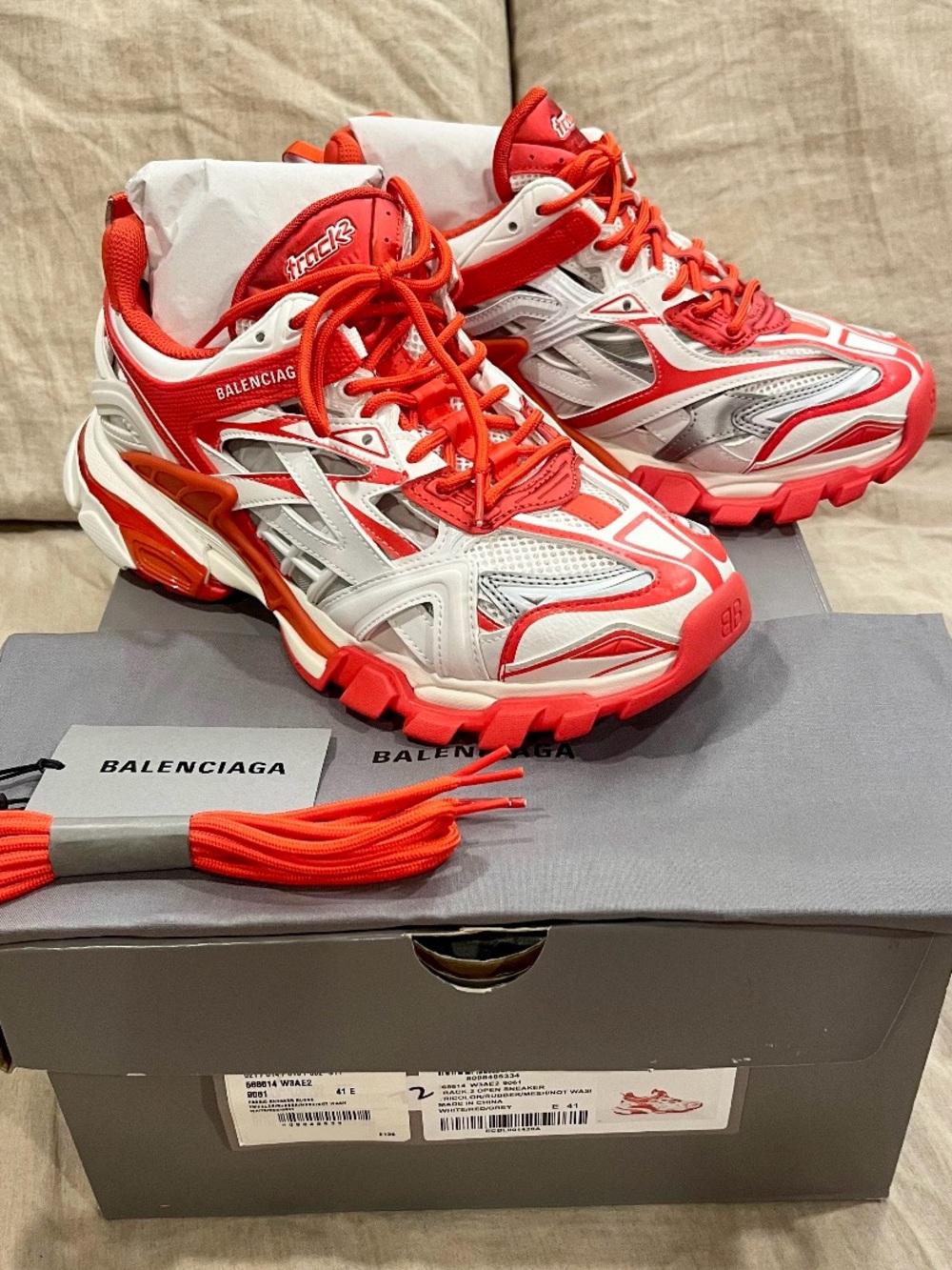 $1200 Balenciaga Track.2 Runners Sneaker, White Red Grey